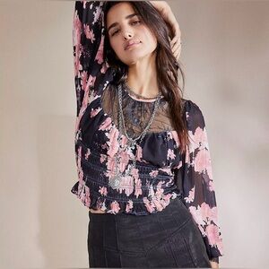 Free People Daphne Blouse Floral Black and Pink NWT